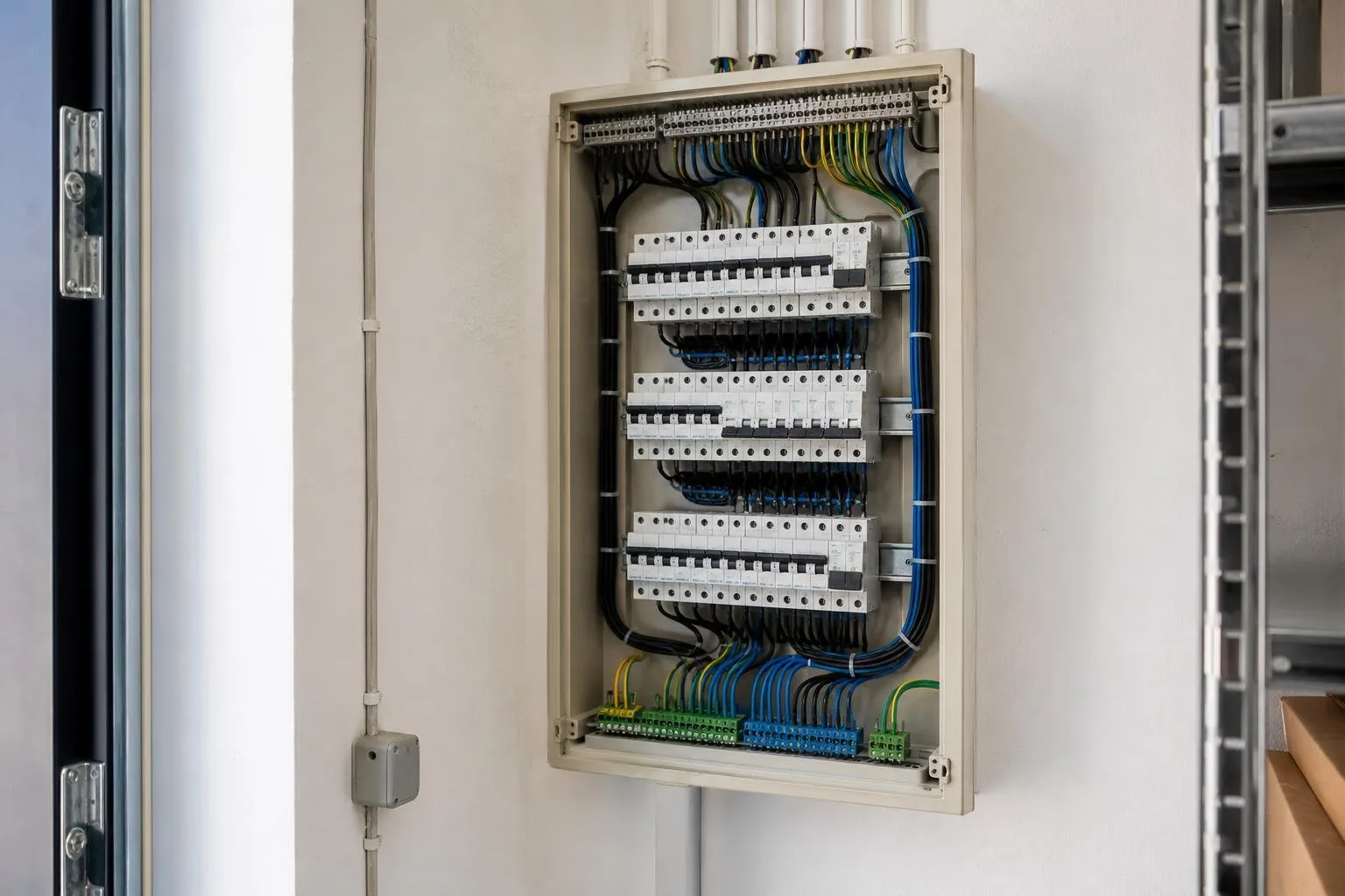 Cuadro eléctrico empotrado con tapa cerrada en un pasillo