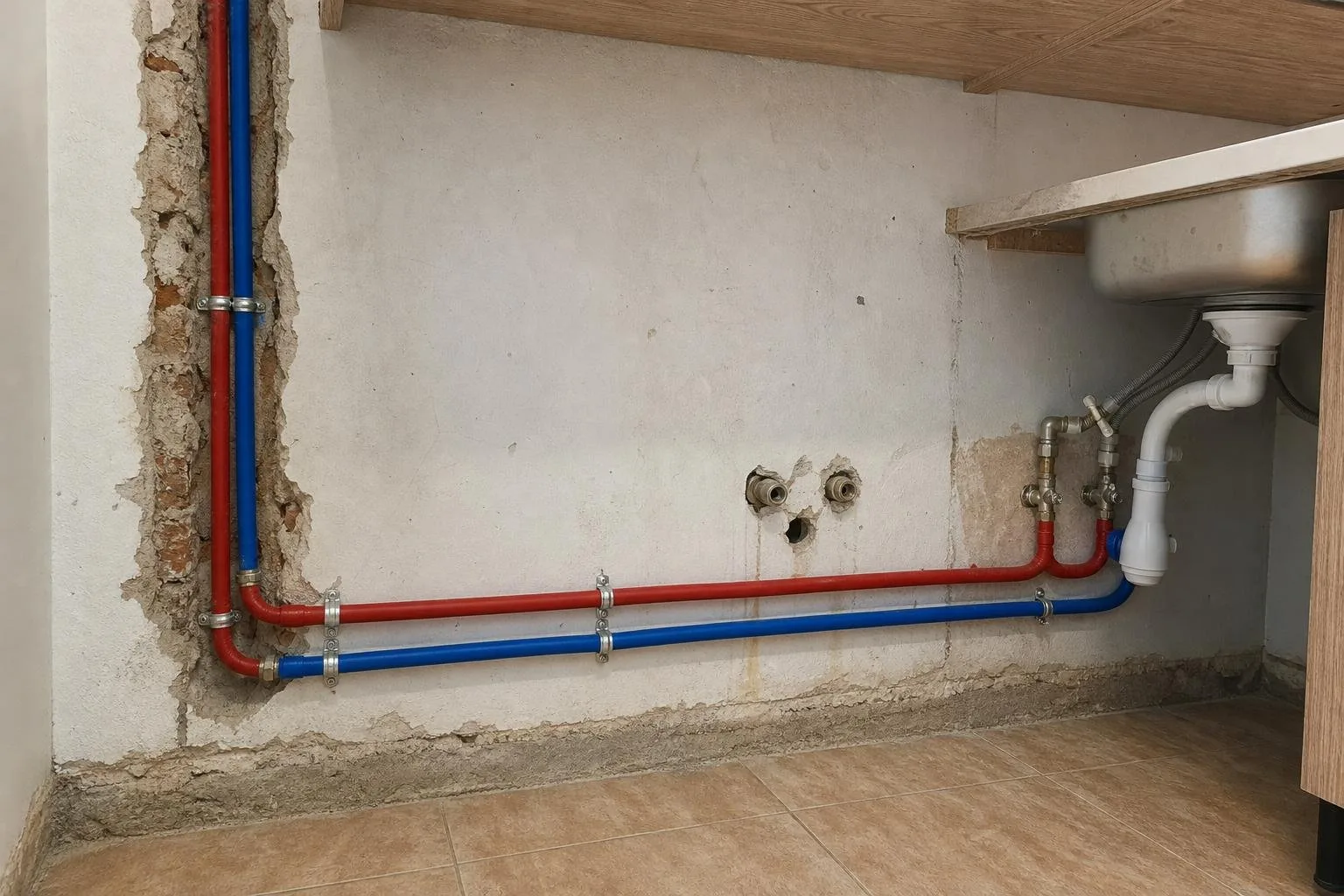 Tuberías de cobre ordenadas en la pared de una cocina