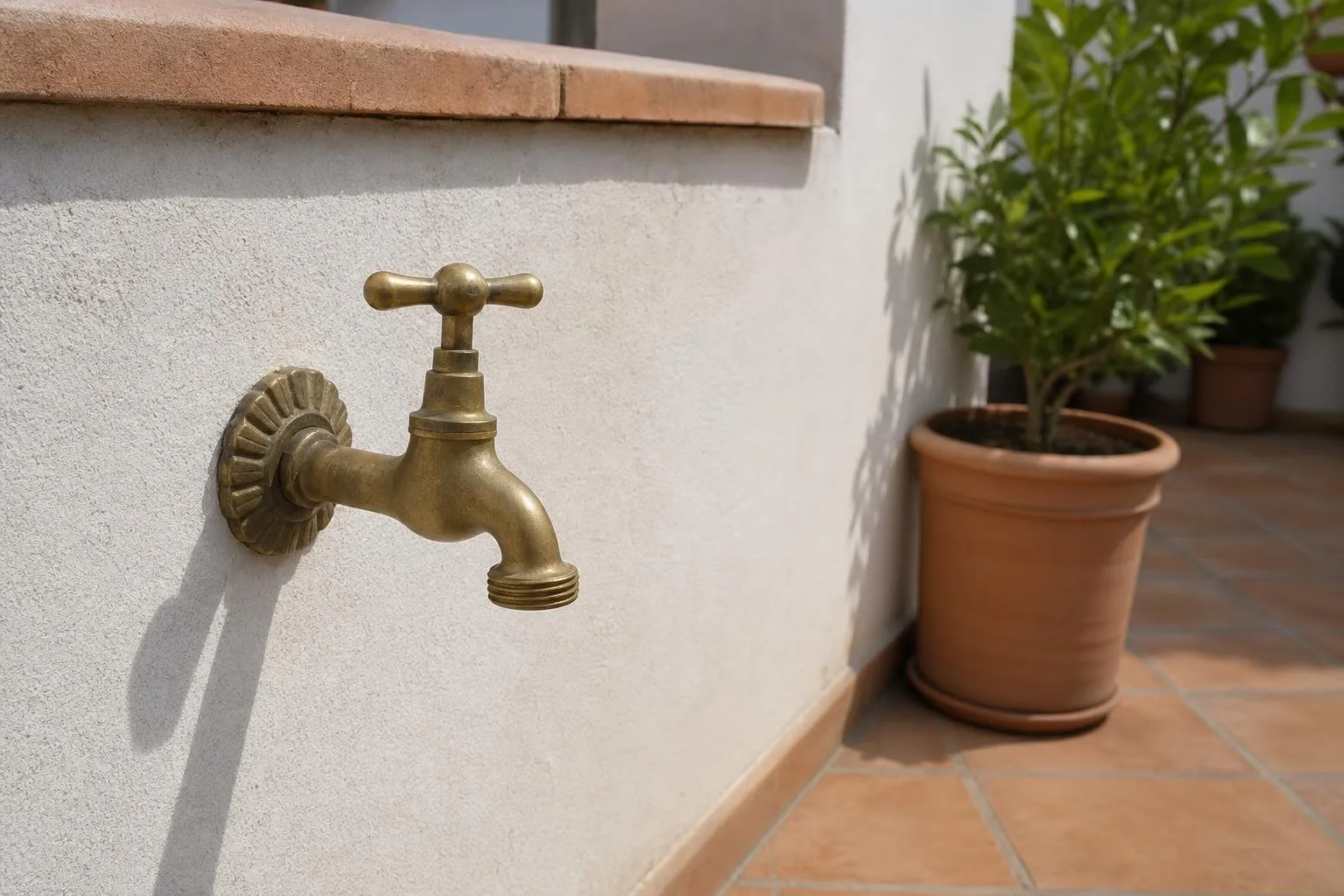 Grifo exterior en una pared blanca de jardín