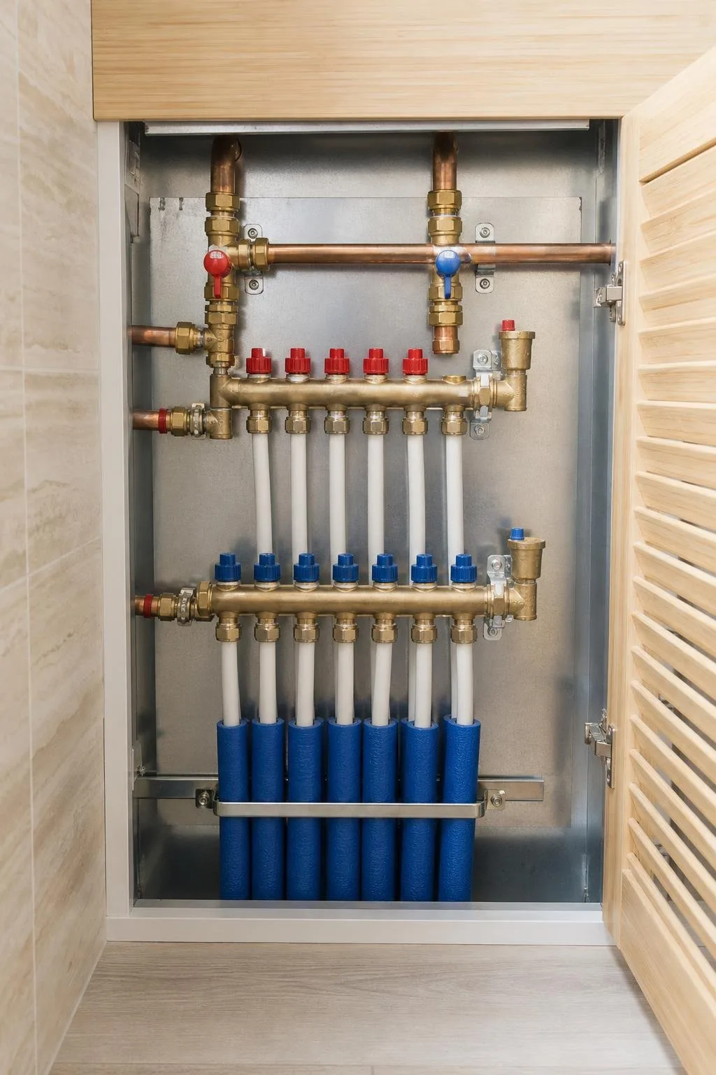 Colector con tuberías nuevas en un armario de instalaciones