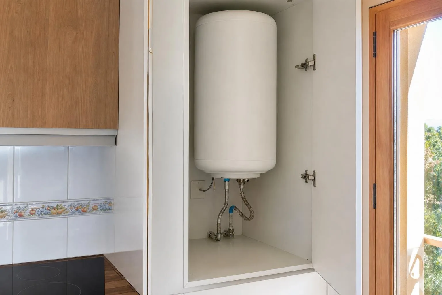 Termo eléctrico dentro de un armario de cocina