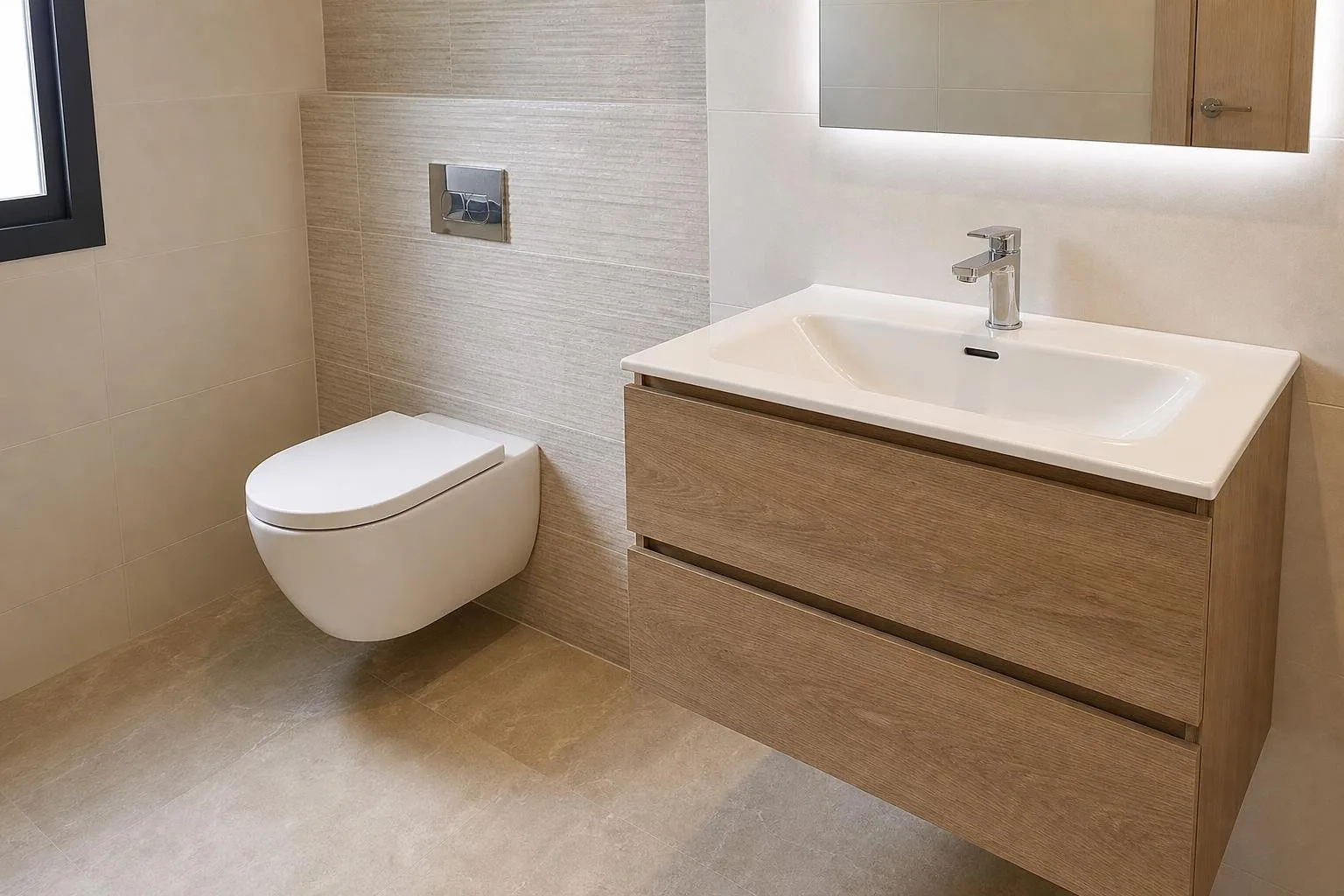 Inodoro y bidé recién instalados en un baño familiar